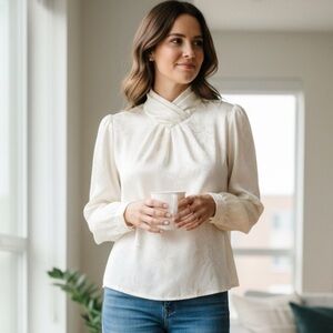 Notations Petite Vintage Blouse Size 12 Ivory Jacquard Floral Mock Neck 80s